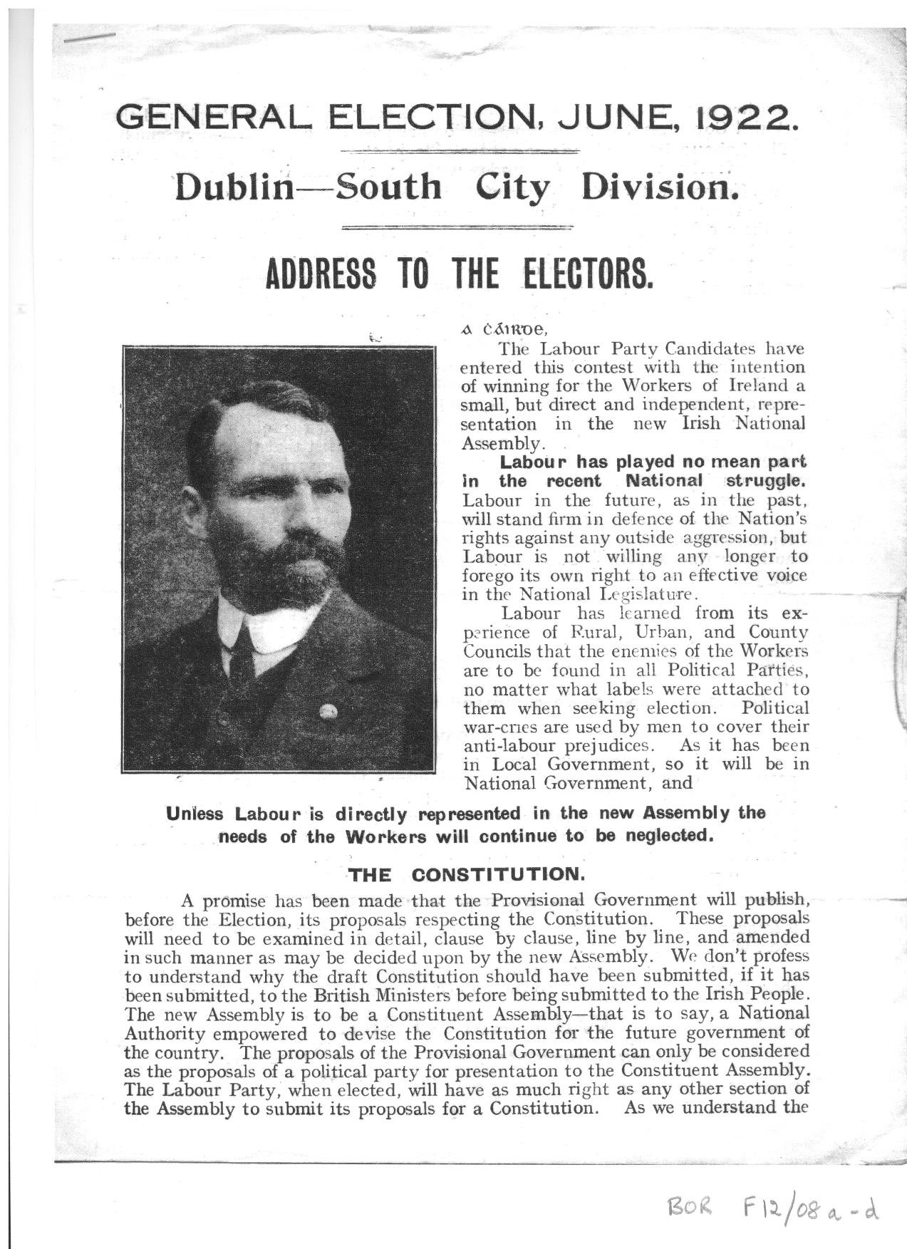 BOR F12/08a-b William O’Brien Election leaflet, 1922